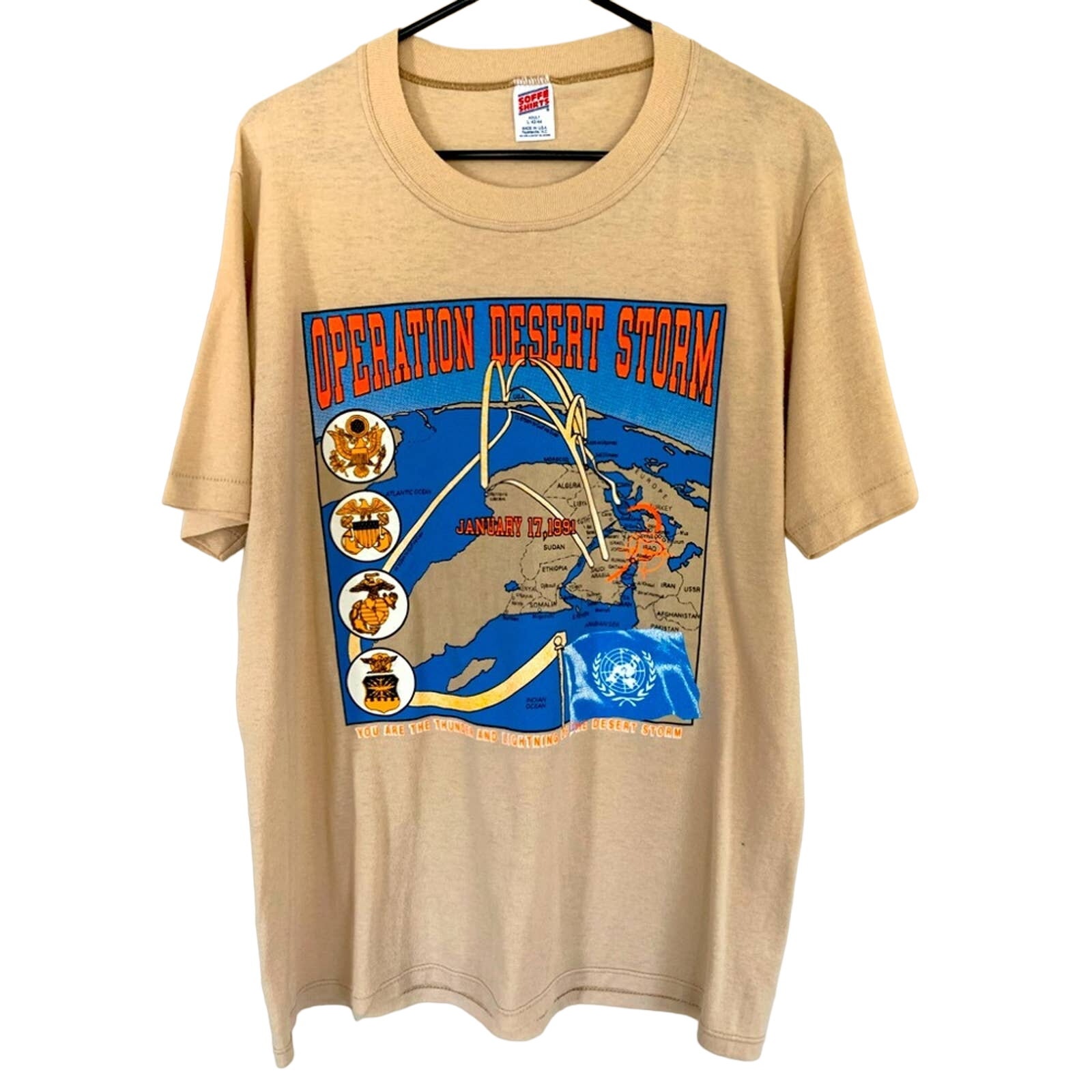Vintage 1991 Operation Desert Storm Single Stitch Soffe Mens Tan Shirt Sz Large
